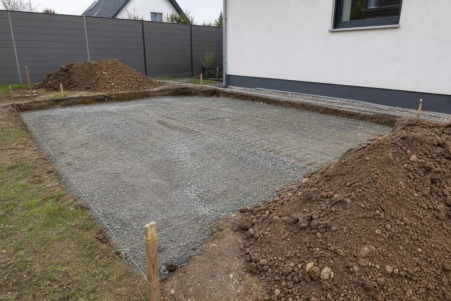 Vorbereitete Gartenfläche mit Planum und Schotterunterbau