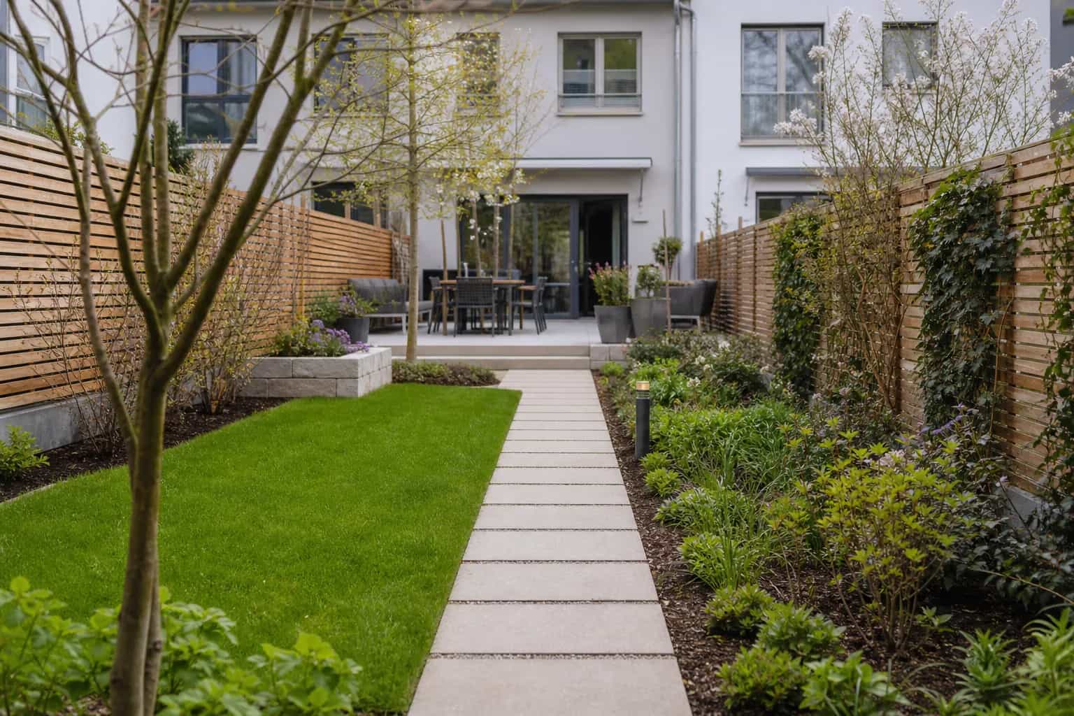 Fertig gestalteter Privatgarten mit Weg, Rasen und Beeten