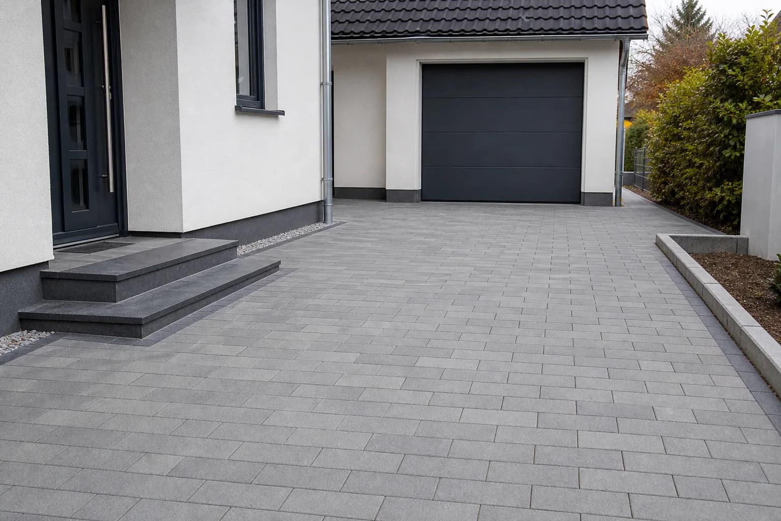 Frisch gepflasterte private Einfahrt mit sauberem Randabschluss