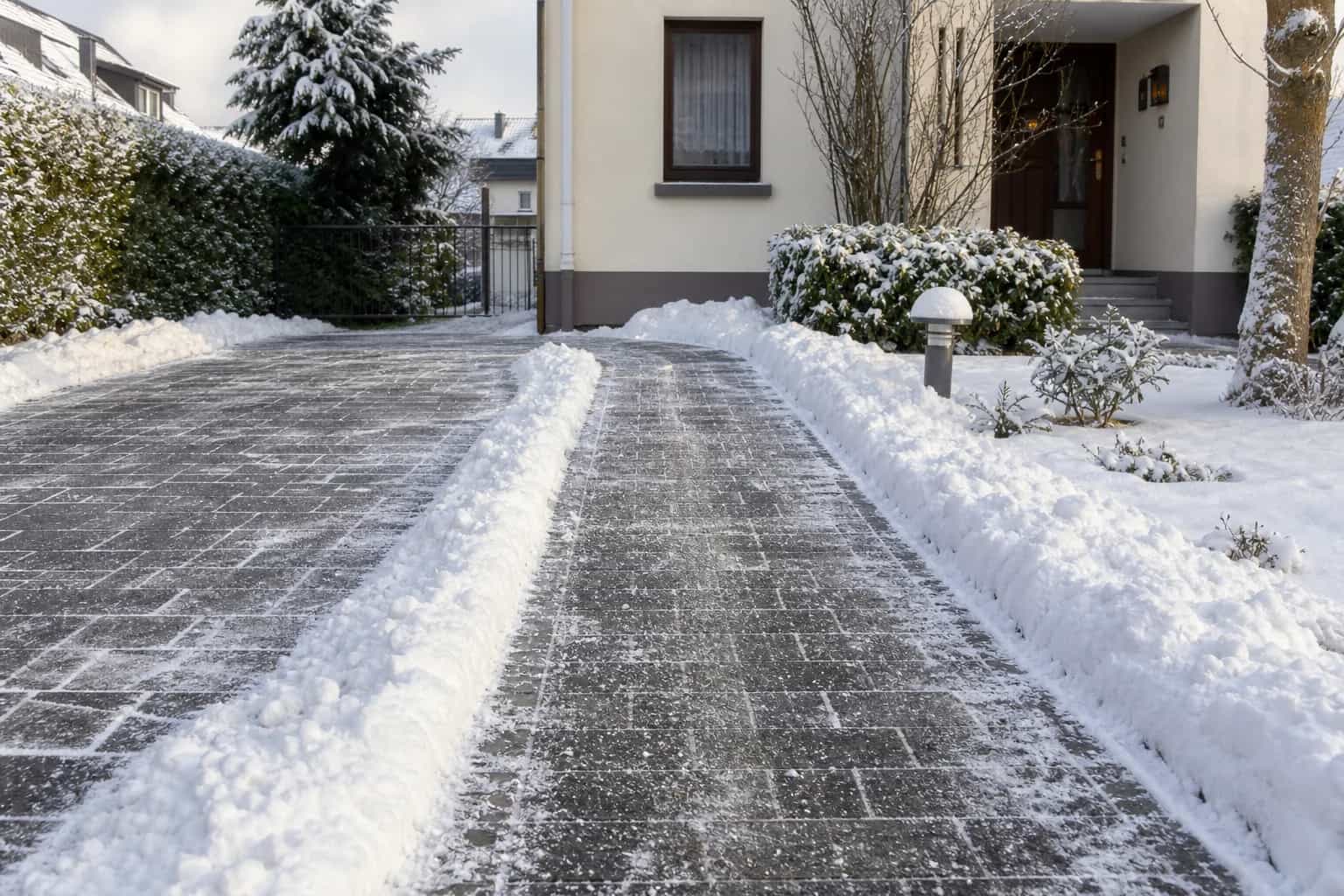 Geräumter privater Weg und Einfahrt nach leichtem Schneefall