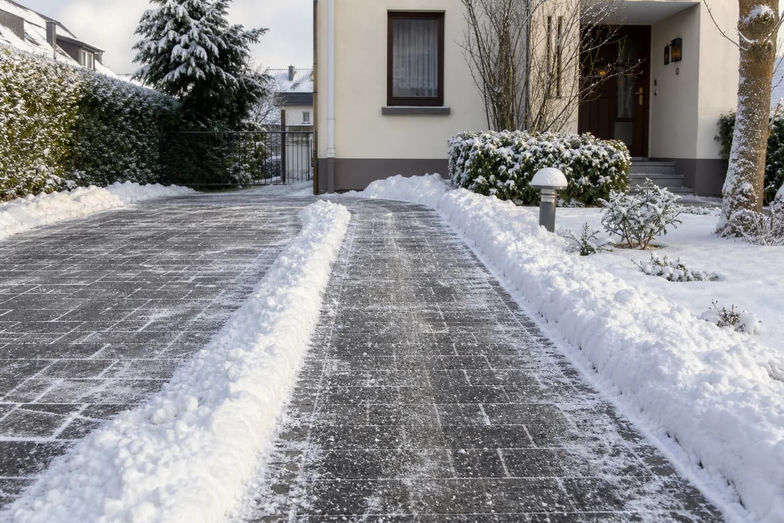 Geräumter und gestreuter Gehweg vor einem Grundstück in Hanau nach Schneefall